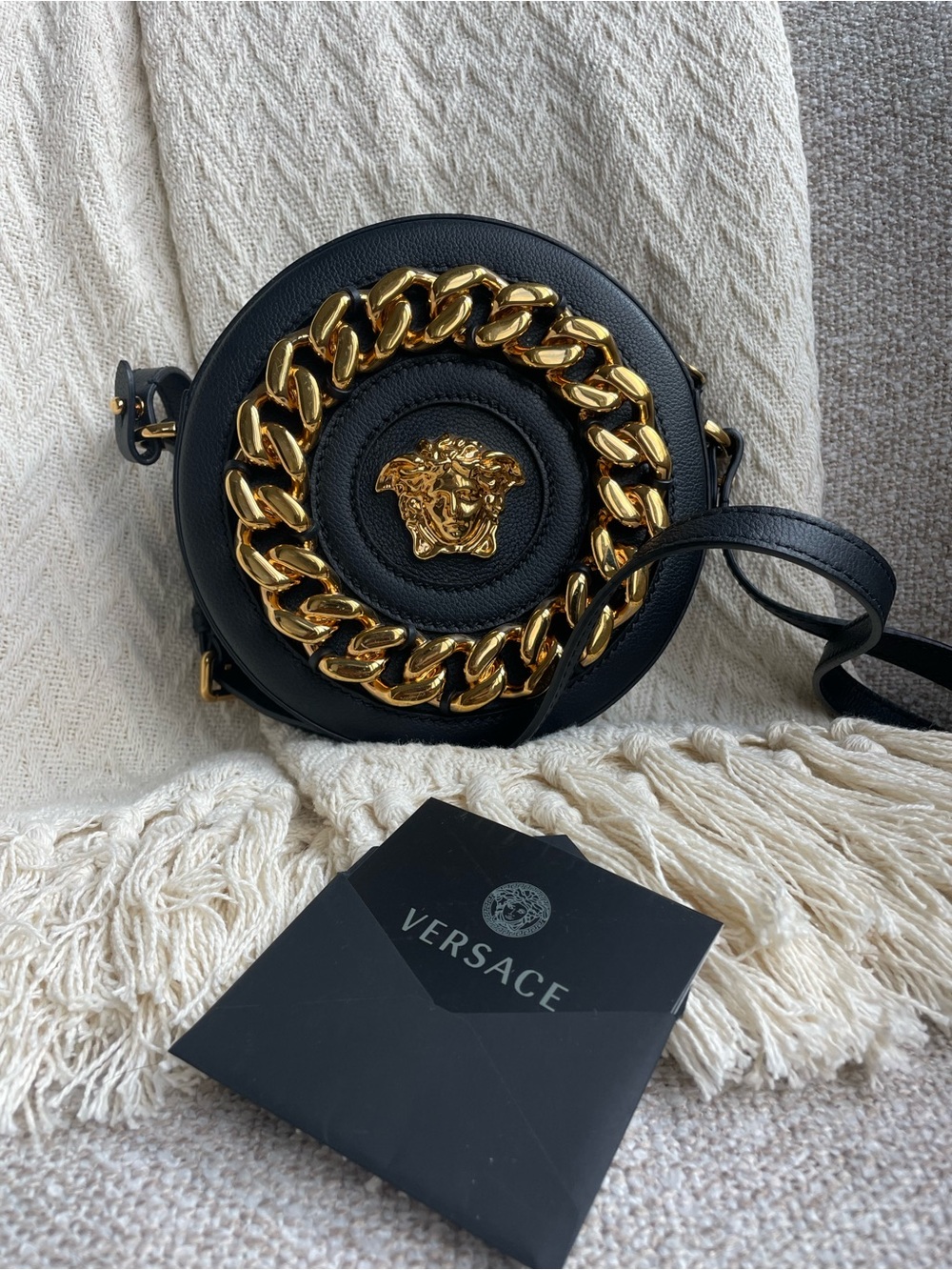 Versace Le Medusa Leather Crossbody with Gold Chain Medallion Accent